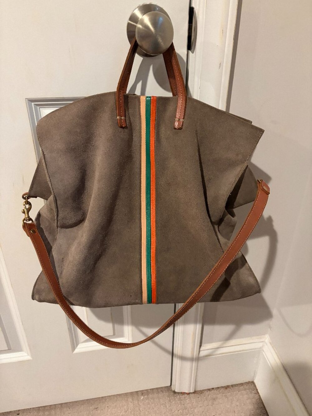 Clare V Simple Tote Gray with yellow, green, orange stripes